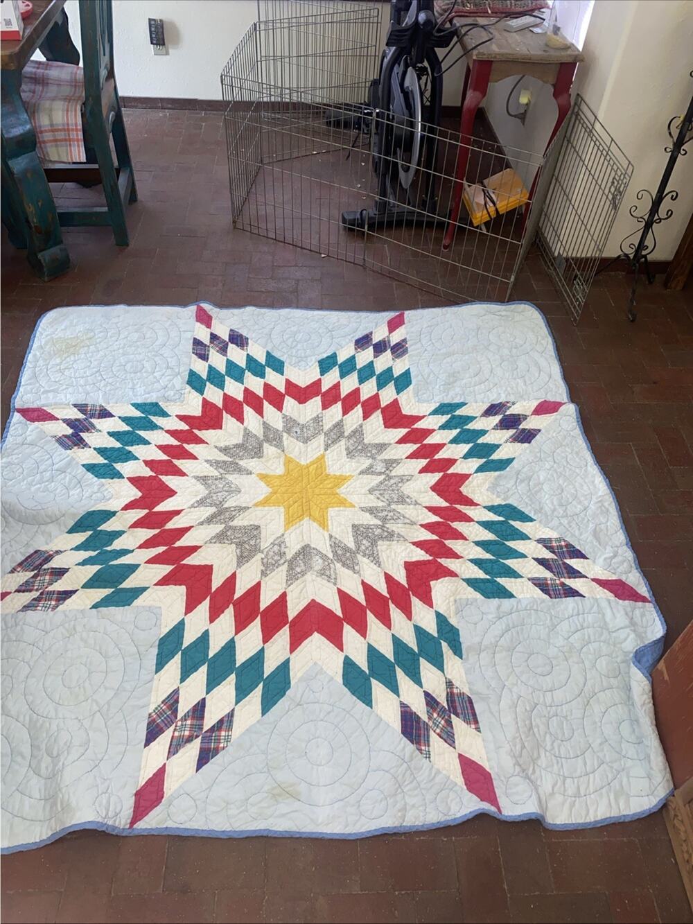 Vintage Hand Sewn Quilt LONE STAR 74”x 72” Square Flaws See Pics & Read On